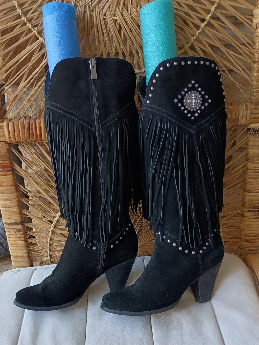 Reba Cadi Black Suede Fringe Studded Western Boots - Women_7.5
